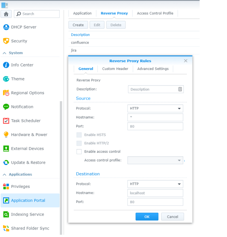Synology DSM Reverse Proxy Rules can be used to create subdomains where Confluence and Jira can run,